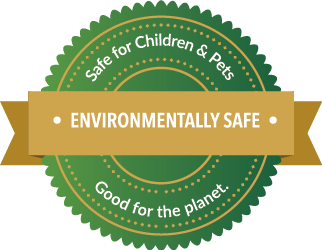 A green and gold circle with the words Environmentally Safe.Safe for Children & Pets. Good for the planet.