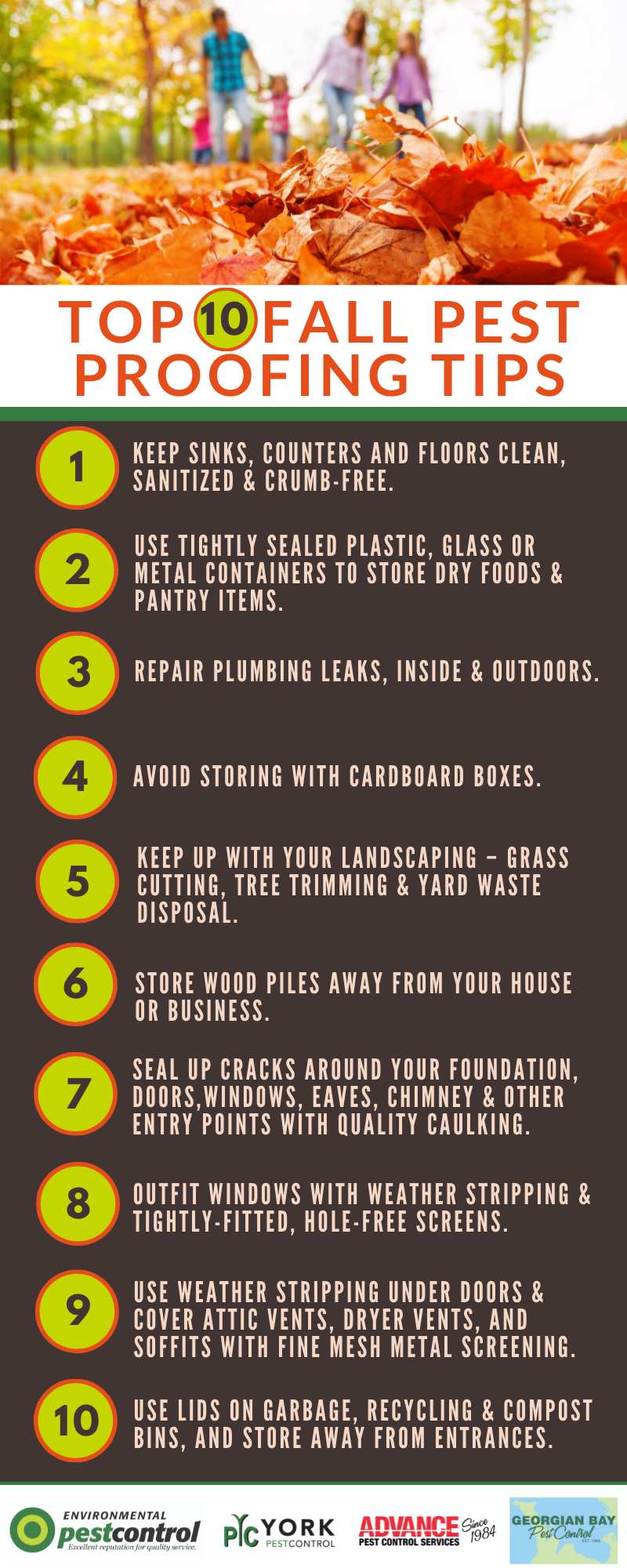 An infographic outlining 10 tips for fall pest proofing from Environmental Pest Control